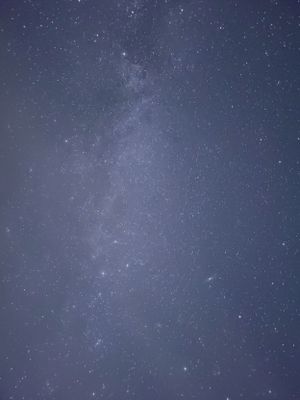 Starry night sky with scattered bright stars and faint clouds visible against the dark blue backdrop.