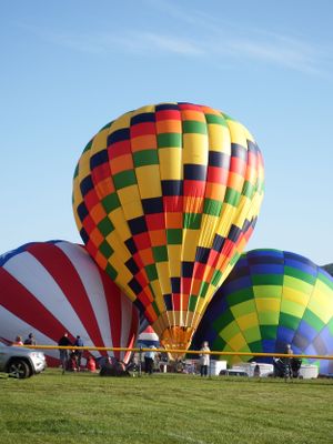 Colorful hot air balloons in yellow, red, and green patterns lined up on a grassy field.