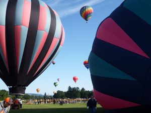 Hot air balloons take off from a field with spectators watching the launch.
