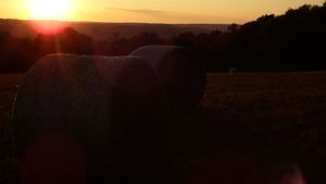 Golden sunset over rolling hills with dramatic sky silhouettes.