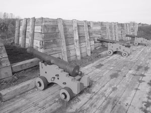 Multiple cannons positioned along wooden fortification walls on a wooden deck platform.
