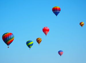 Multiple hot air balloons in vibrant colors soaring through a clear blue sky.