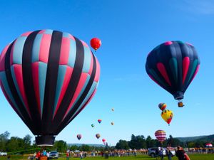 Black and red striped hot air balloons lined up on a field during a festival.