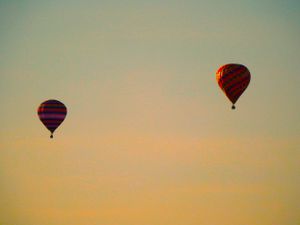 Hot air balloons drifting in a golden evening sky at sunset.