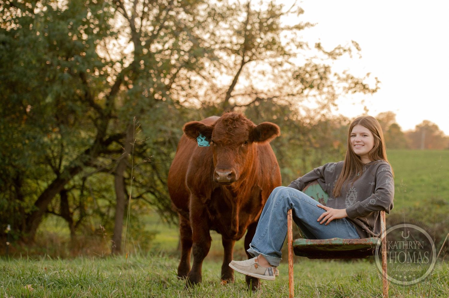 A pastoral scene shows someone seated outdoors with a red-brown cow against autumn trees.