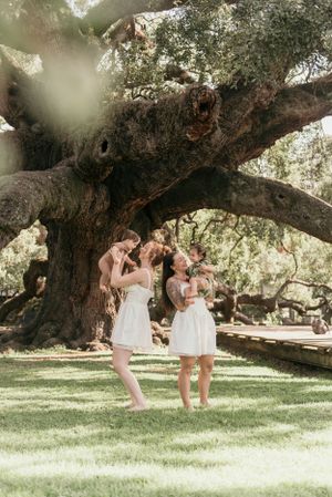 two mothers hold their babies and laugh beneath and oak tree in florida
