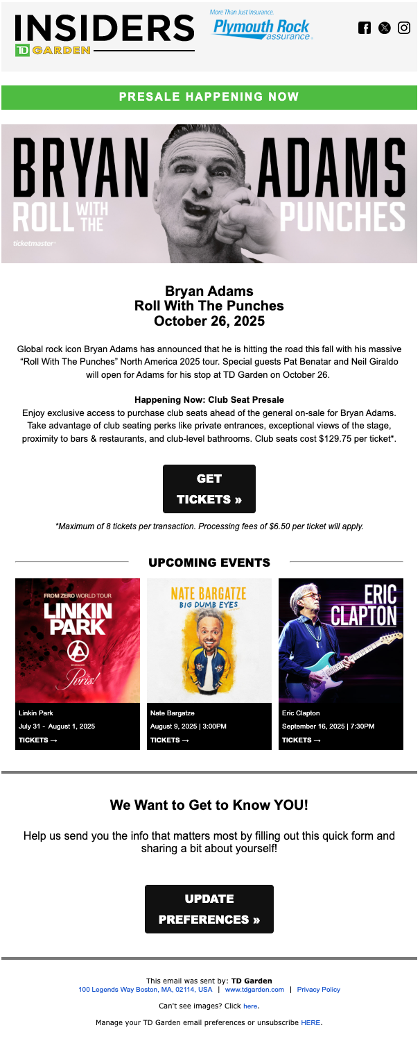Promotional email for Bryan Adams Roll With The Punches concert with upcoming events featuring Linkin Park and Eric Clapton.
