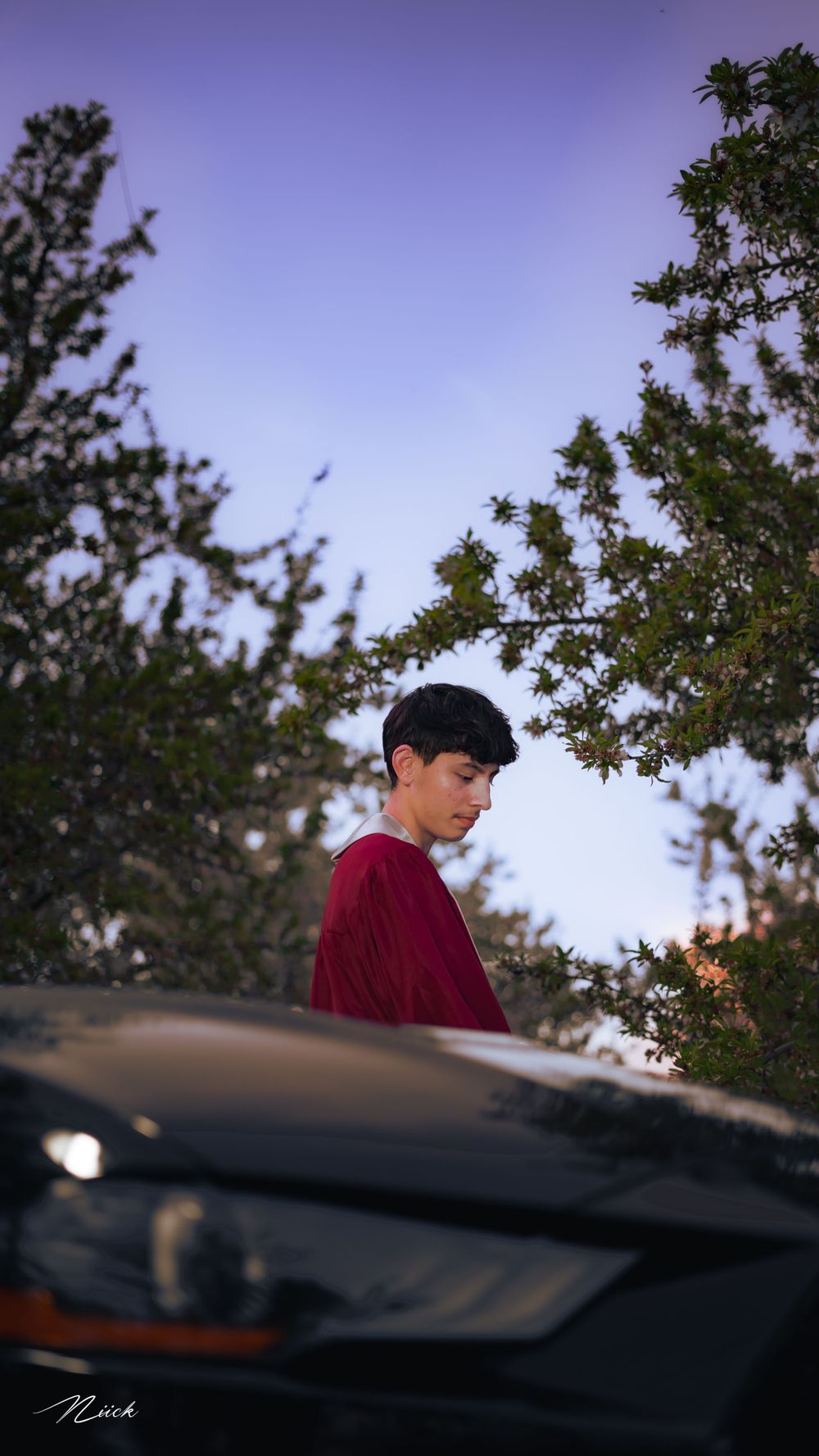 Person in red sweater standing beside car at dusk with purple sky and trees.