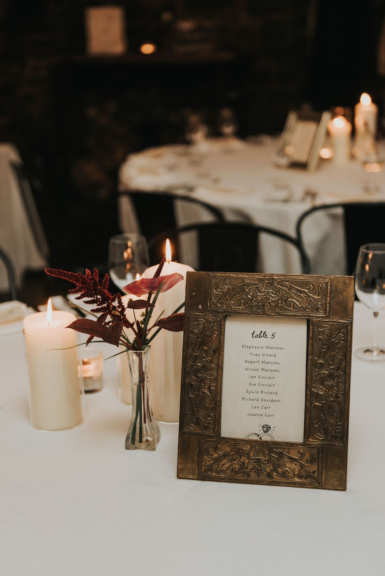 Wedding table setting with a vintage frame menu card, floral centerpiece in bud vase, and glowing white candles.