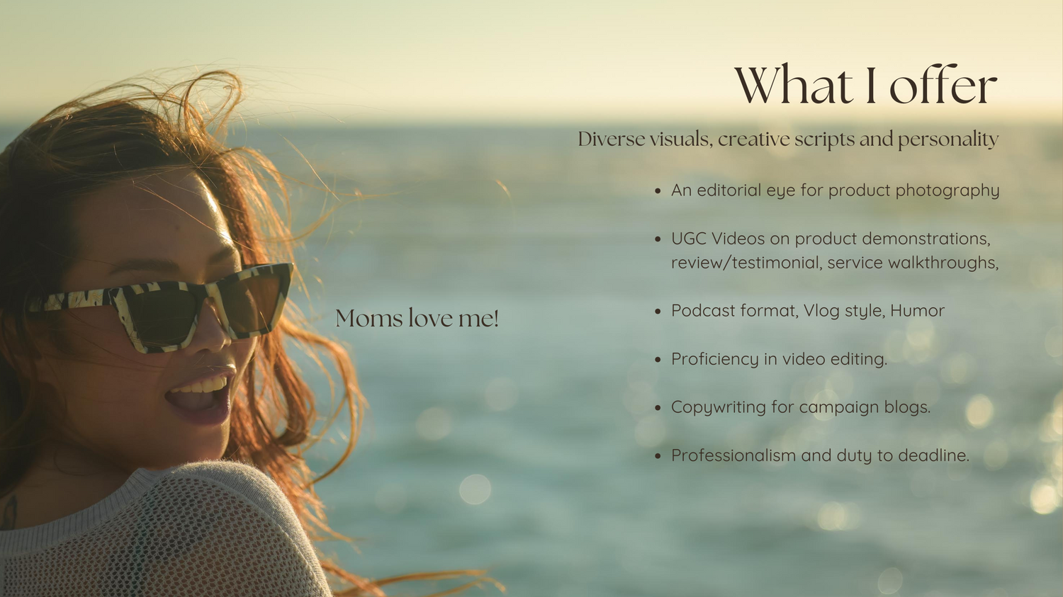 Someone in sunglasses looks off into the distance with golden sunlight behind them next to business service offerings text.