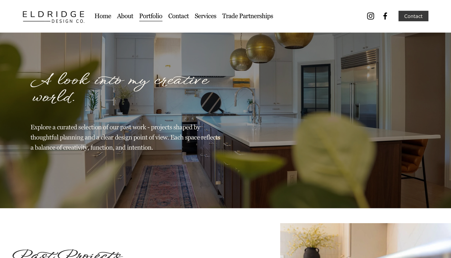 Eldridge Design Co. interior design website featuring a modern kitchen with gold pendant lights and a colorful runner rug.