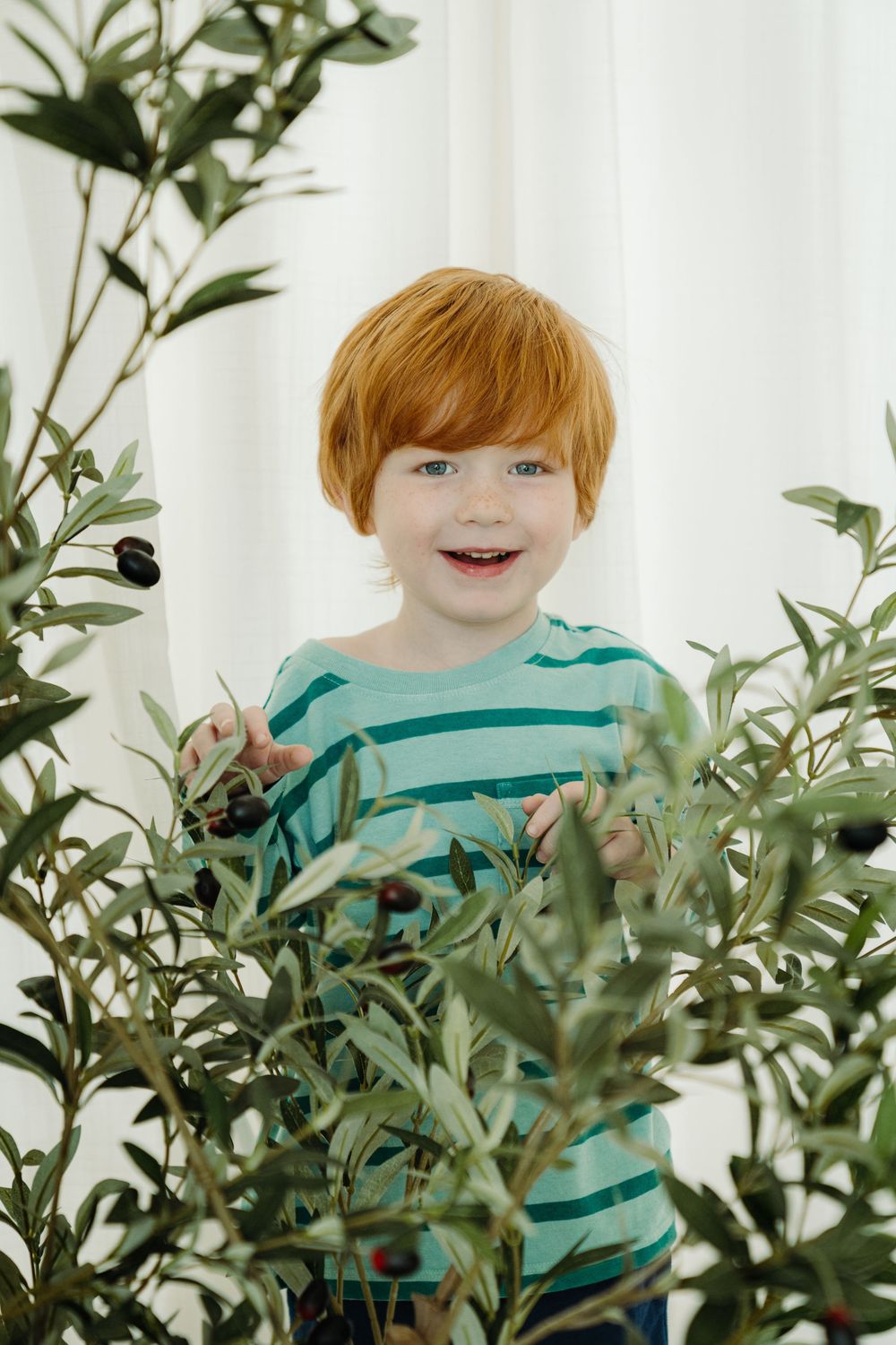 Smiling redhead boy in striped teal shirt standing among green olive tree branches with dark berries.