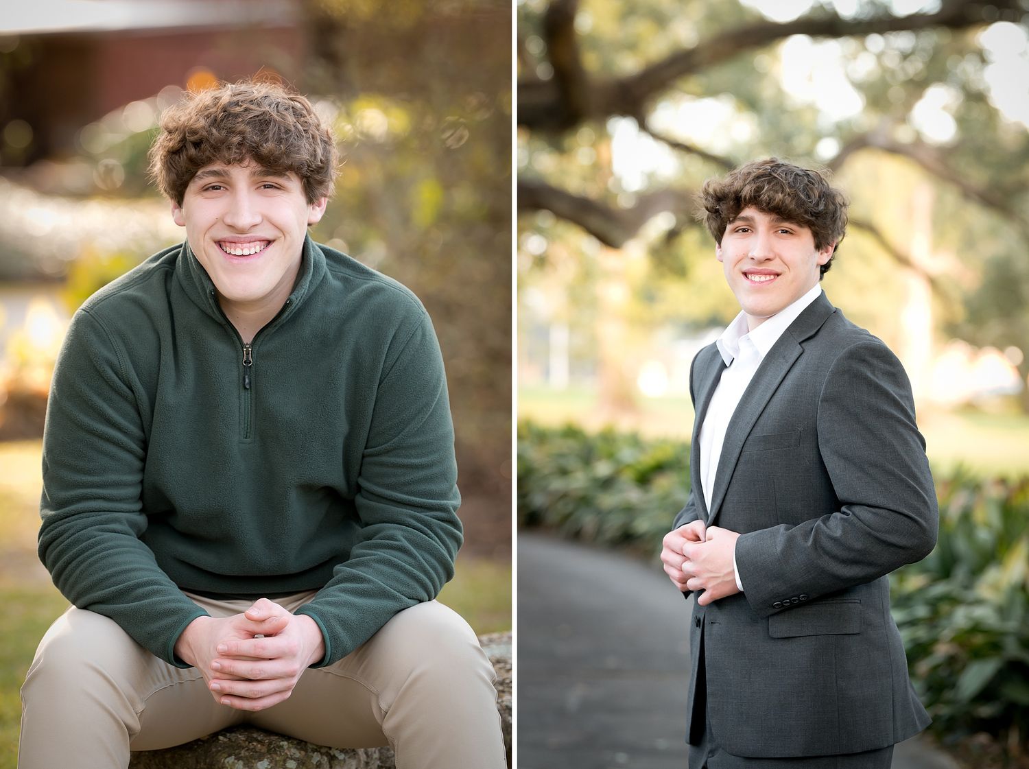 Dual portrait of smiling young man in green pullover and gray suit jacket outdoors.