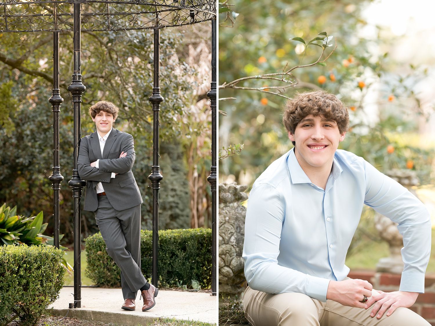 Senior portrait of a young man posing in a garden gazebo and seated outdoors in a light blue jacket.