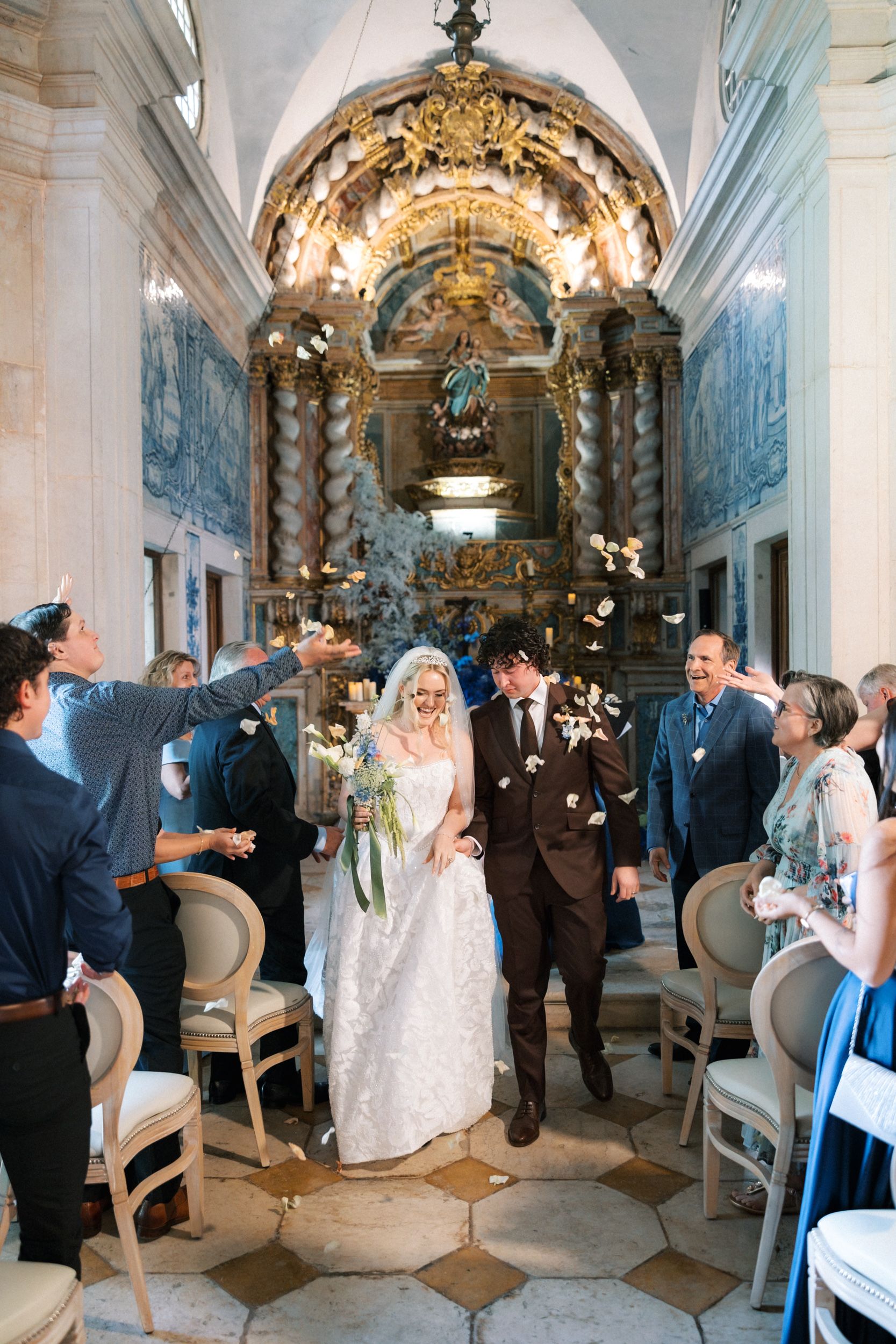 Romantic wedding ceremony inside a historic Portugal chapel