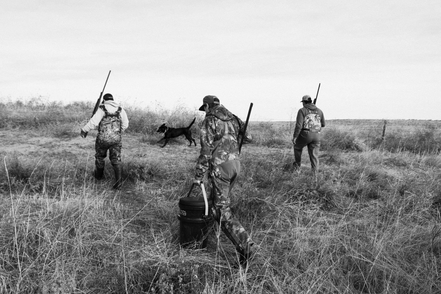 Three hunters with rifles and a dog walk through a grassy field during a hunting expedition in black and white photo.