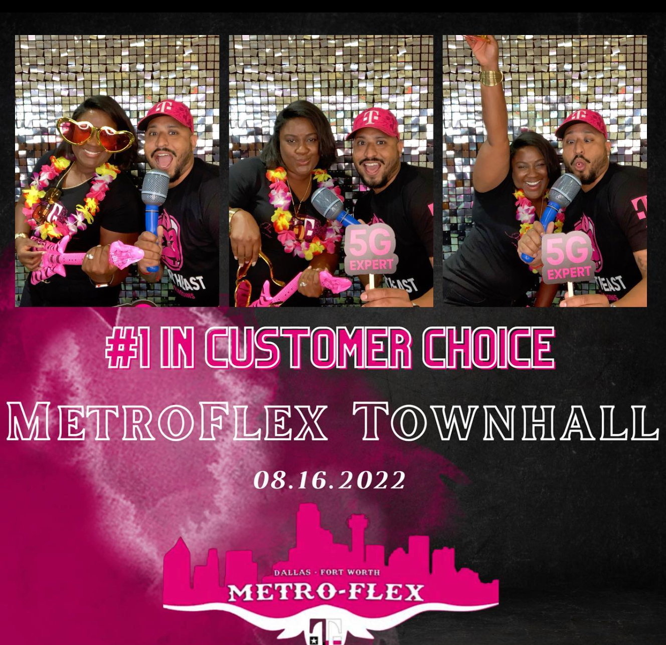 MetroFlex Townhall #1 in Customer Choice event photo booth with five smiling staff members, Dallas-Fort Worth, August 16, 2022.
