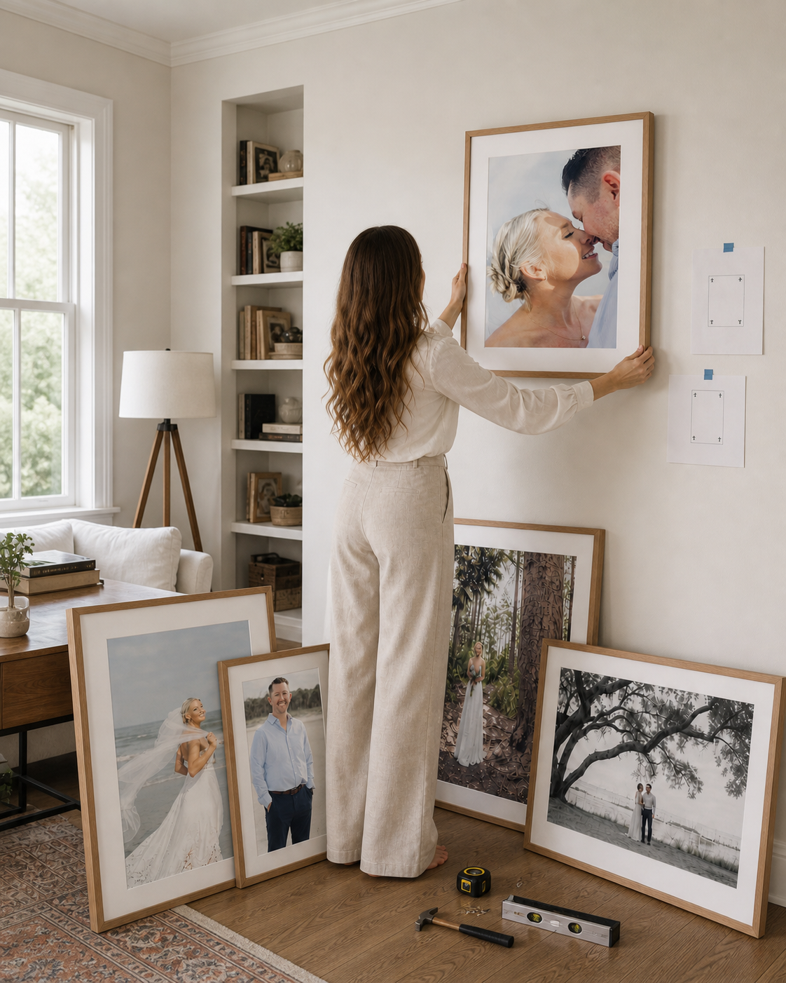 Heather Cahoon hanging a large framed wedding photo on a wall surrounded by multiple framed portraits in a bright room based in Beaufort.