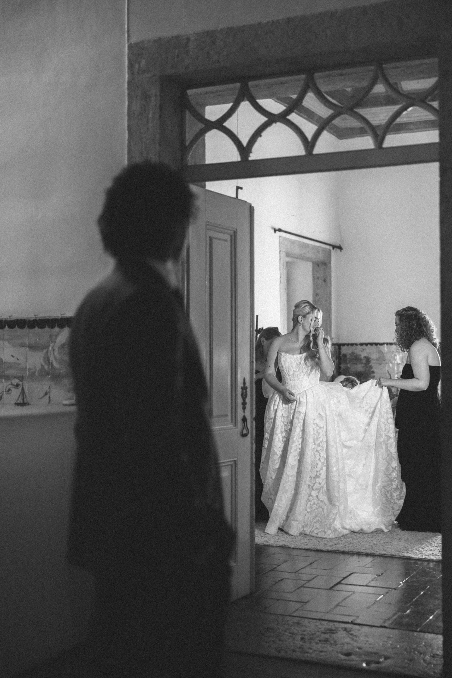 Intimate destination wedding portrait in black and white at Quinta do Torneiro