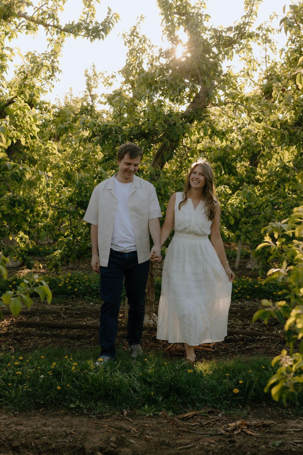 Happy couple holding hands and walking through a sunlit orchard with glowing golden light.