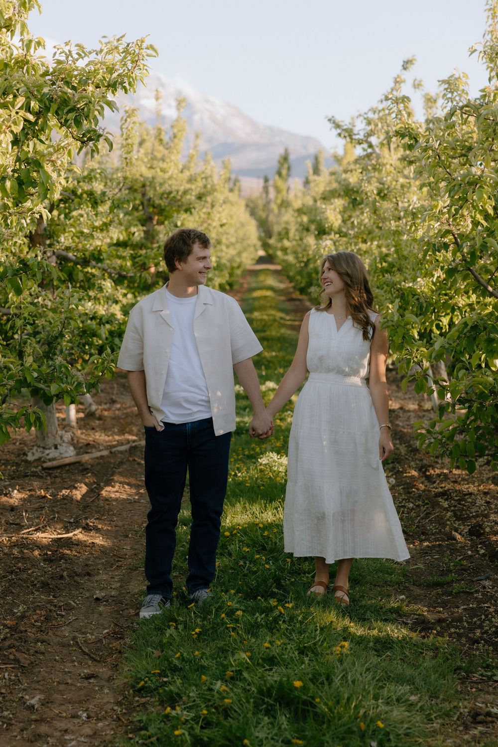 Couple holding hands and smiling at each other while strolling through a scenic orchard.