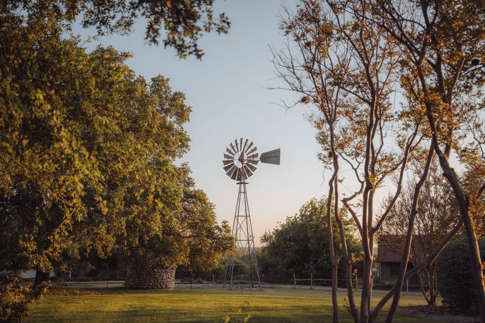 Vintage windmill surrounded by lush green trees at golden hour on a rustic ranch property.