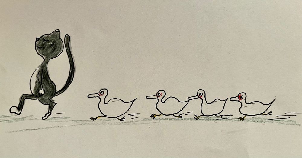 Cartoon cat leading three ducks in a playful line, minimalist ink illustration on cream background.