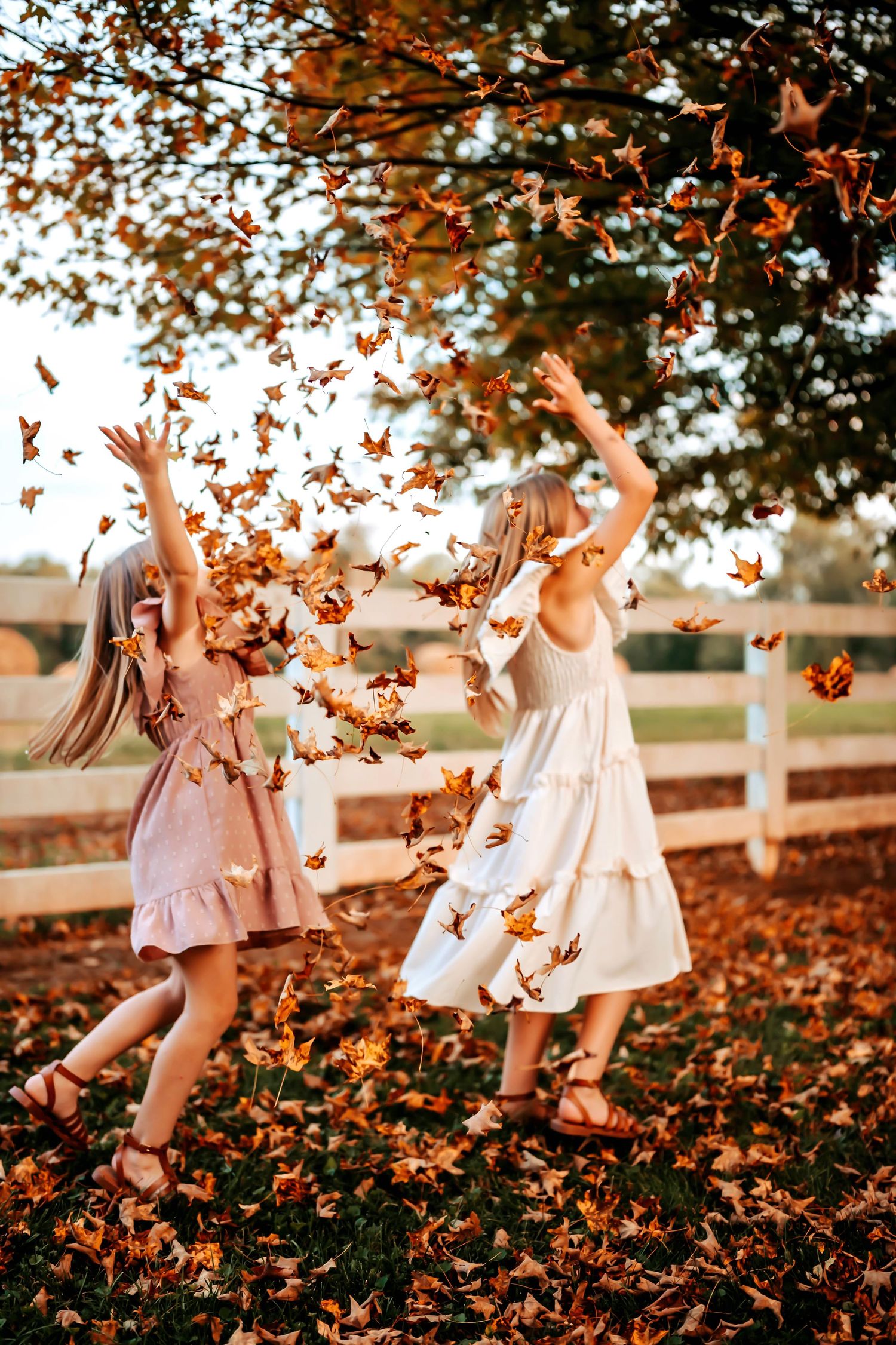 A child in a white dress plays joyfully in falling autumn leaves during golden hour at sunset.