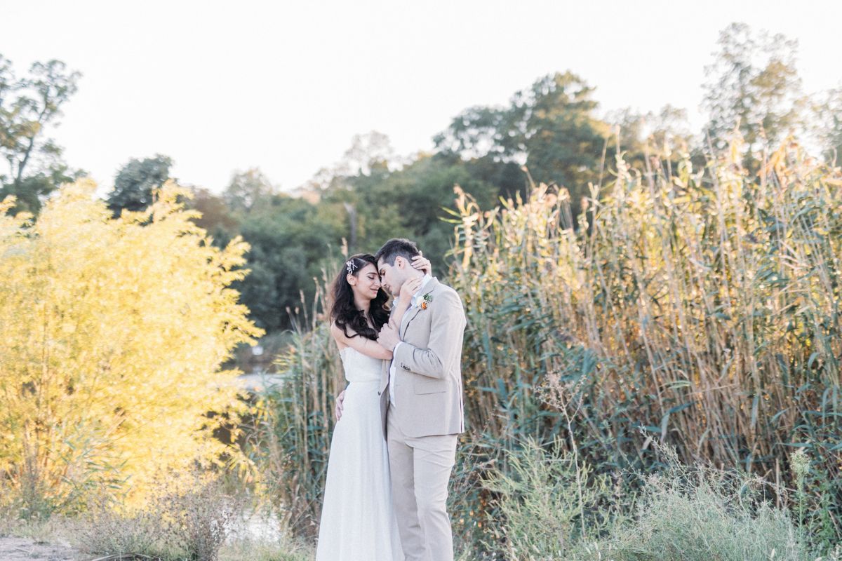 Romantic wedding photography sequence in a natural outdoor setting.
