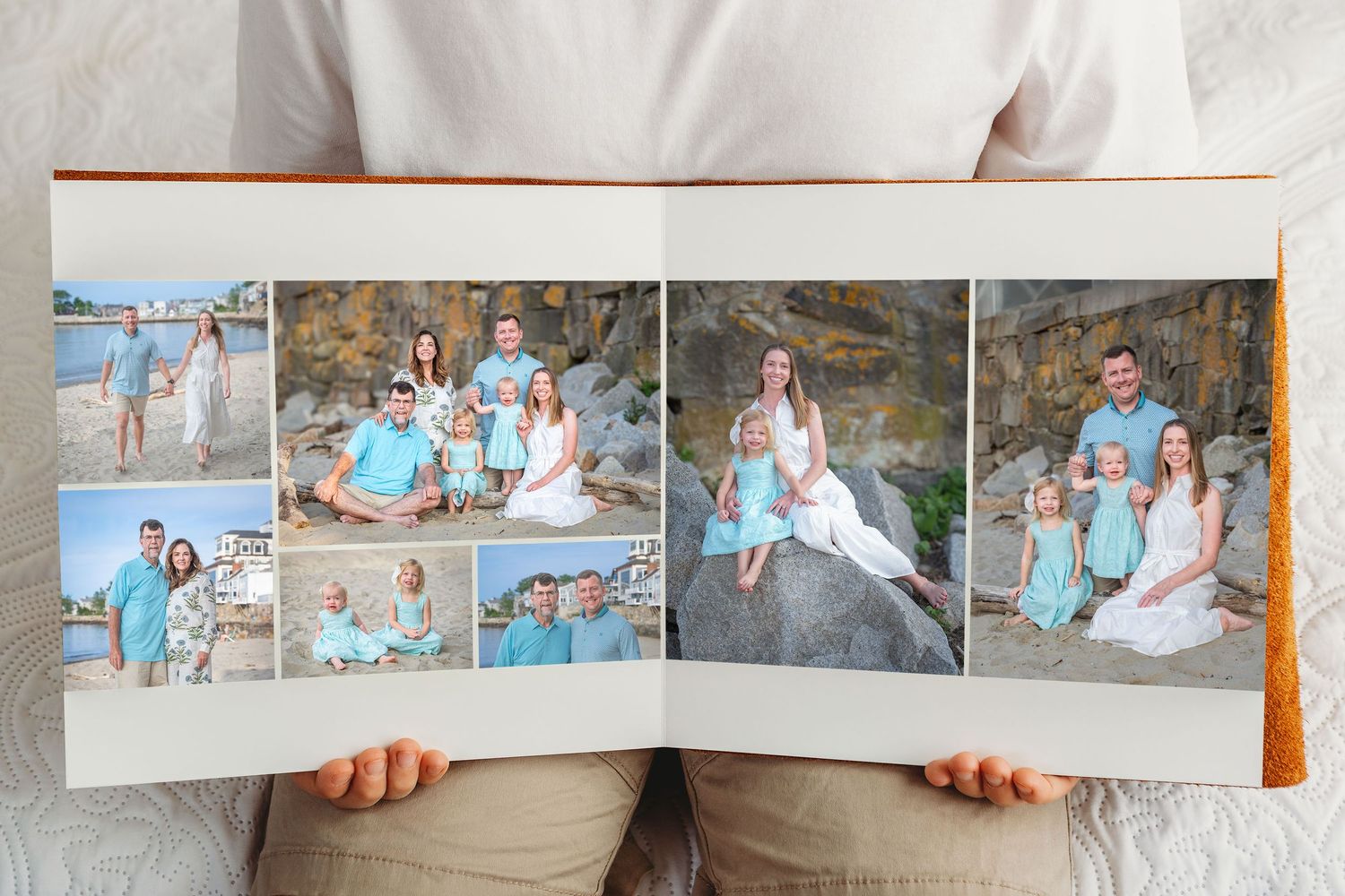 A collection of photo album pages showing beach and outdoor family portraits in light blue and white outfits.