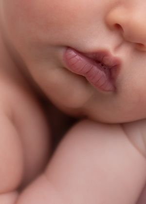 Close up macro photo of a sleeping baby's lips and nose showing peaceful expression.