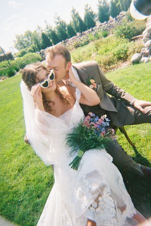 A series of candid wedding photos showing a couple posing playfully in a sunny outdoor setting.