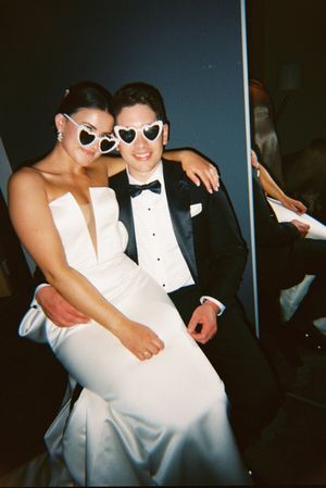 A sequence of wedding photos showing a couple dancing together in formal attire at their reception.