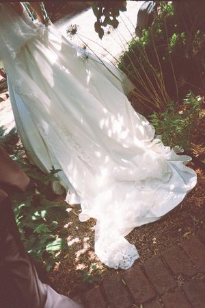 A flowing white wedding dress train trails across dark soil and garden foliage.