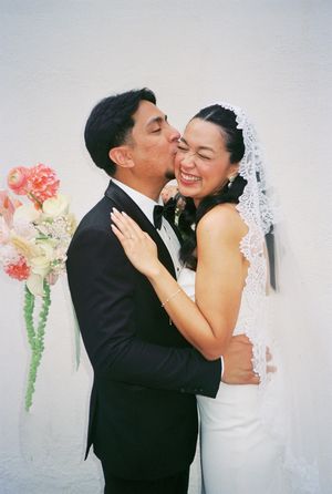 A romantic series of wedding photos showing a couple in formal attire sharing tender kisses against a light background.