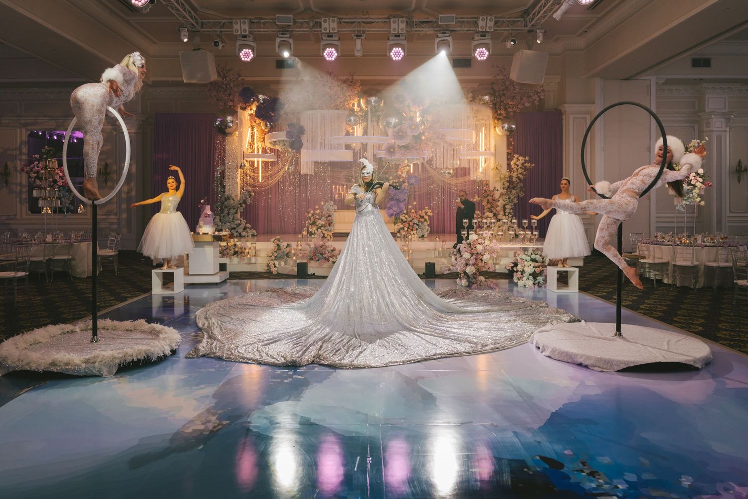 A luxurious wedding dress displayed in an elegant bridal boutique with dramatic lighting and reflective floors.