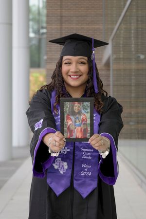Graduation photos showing purple stoles and cap against columned building.