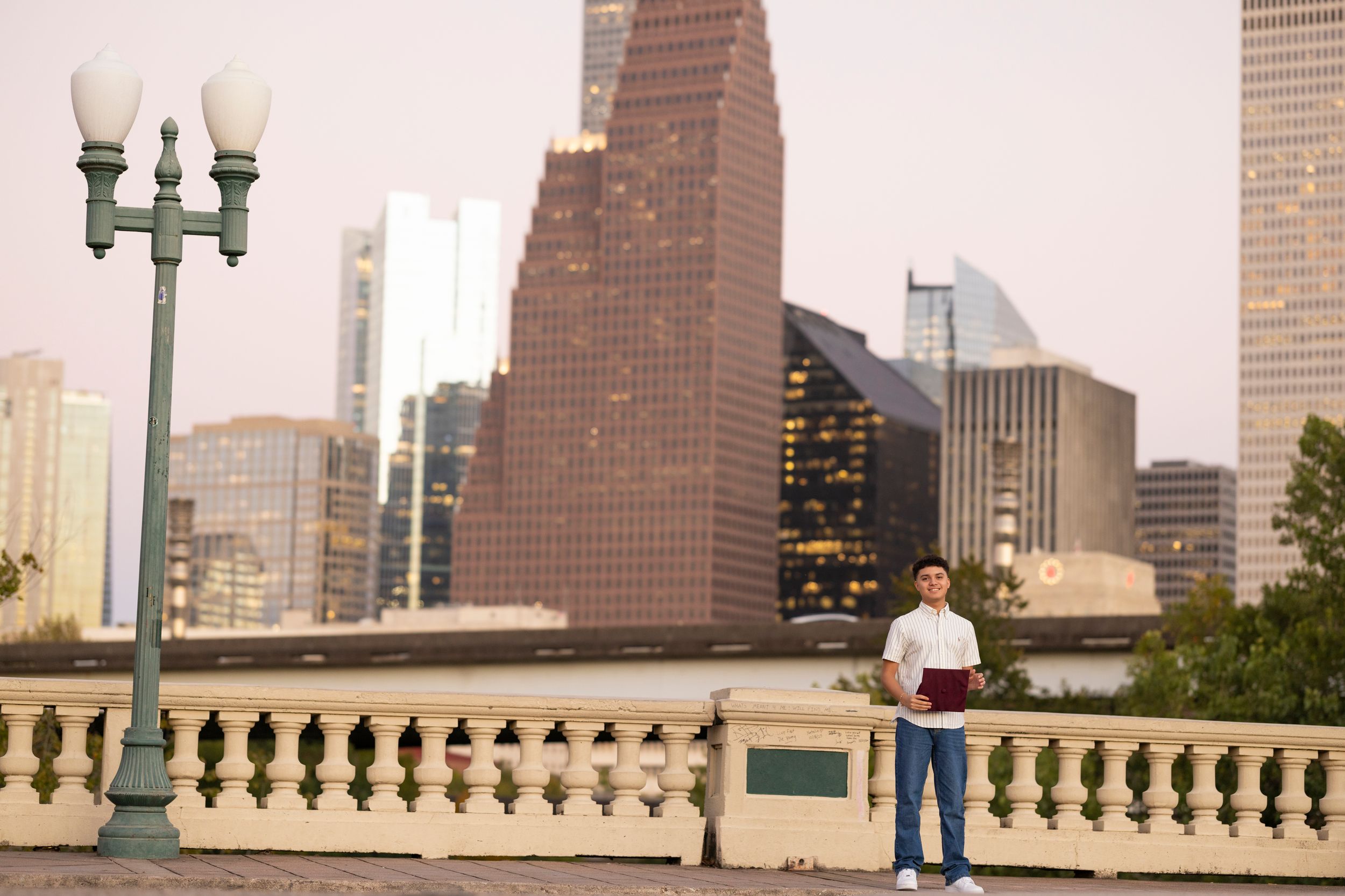Houston skyline panorama with downtown buildings and architecture against blue sky.