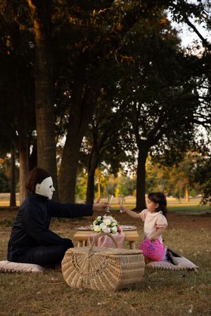 Picnic setup with wicker basket in park during golden hour.