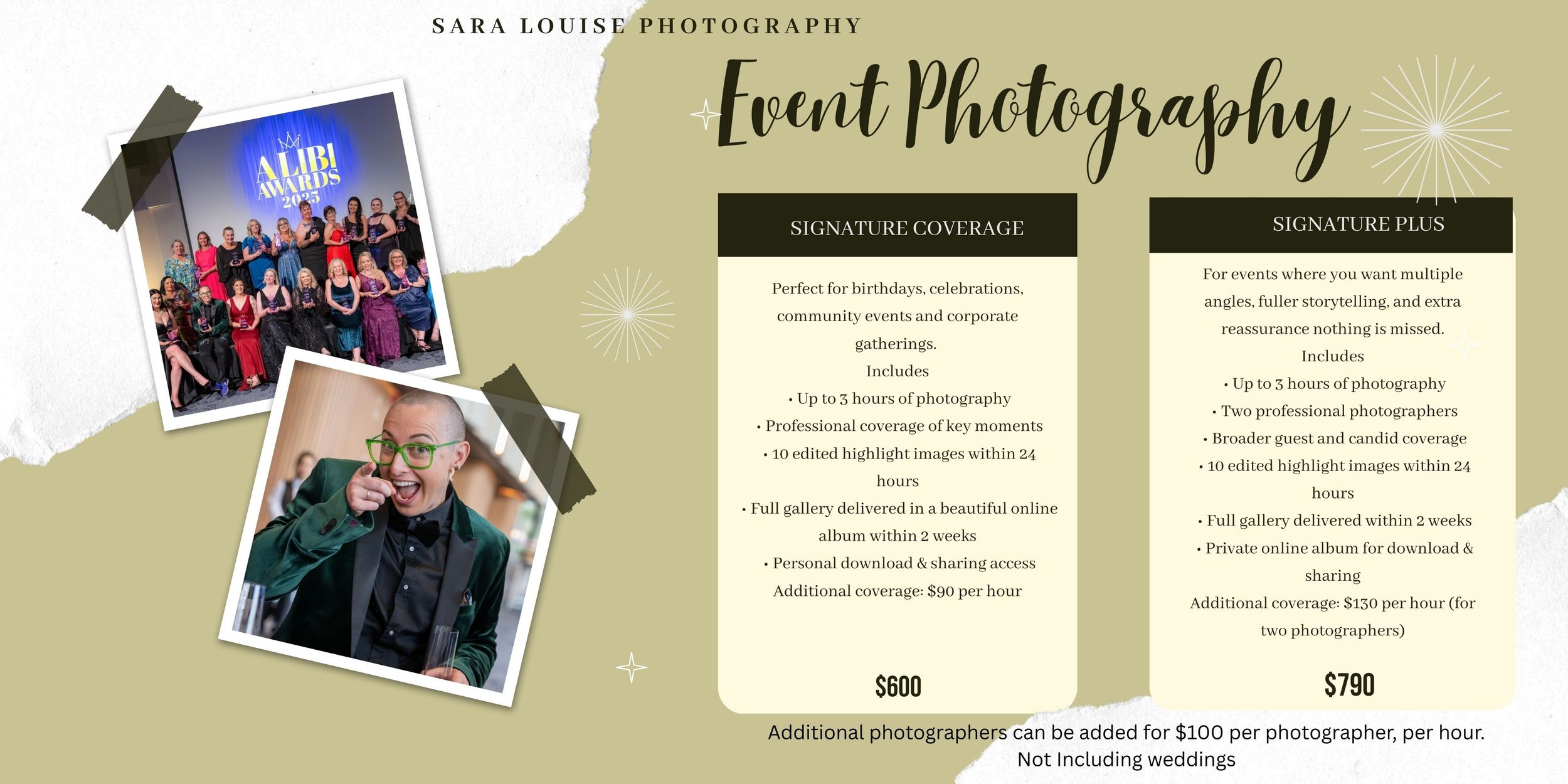 A professional photography website layout showing pricing packages and portfolio samples against a beige background.
