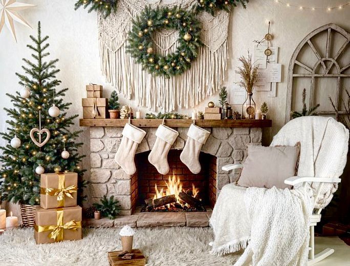 Cozy rustic bedroom decorated for Christmas with red accents, wooden walls, and a full moon visible through windows.