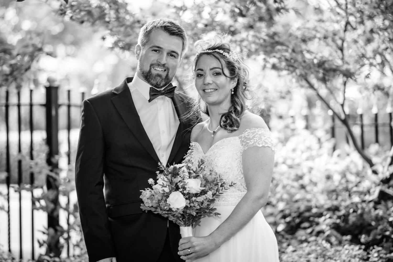 Black and white wedding portrait photograph in Runcorn Town Hall gardens by wedding photographer Michael Pardoe, Runcorn, Cheshire