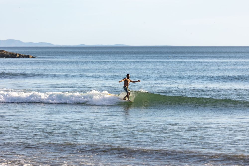 A surfer rides a gentle wave on a longboard near a scenic coastline with mountains in the background.