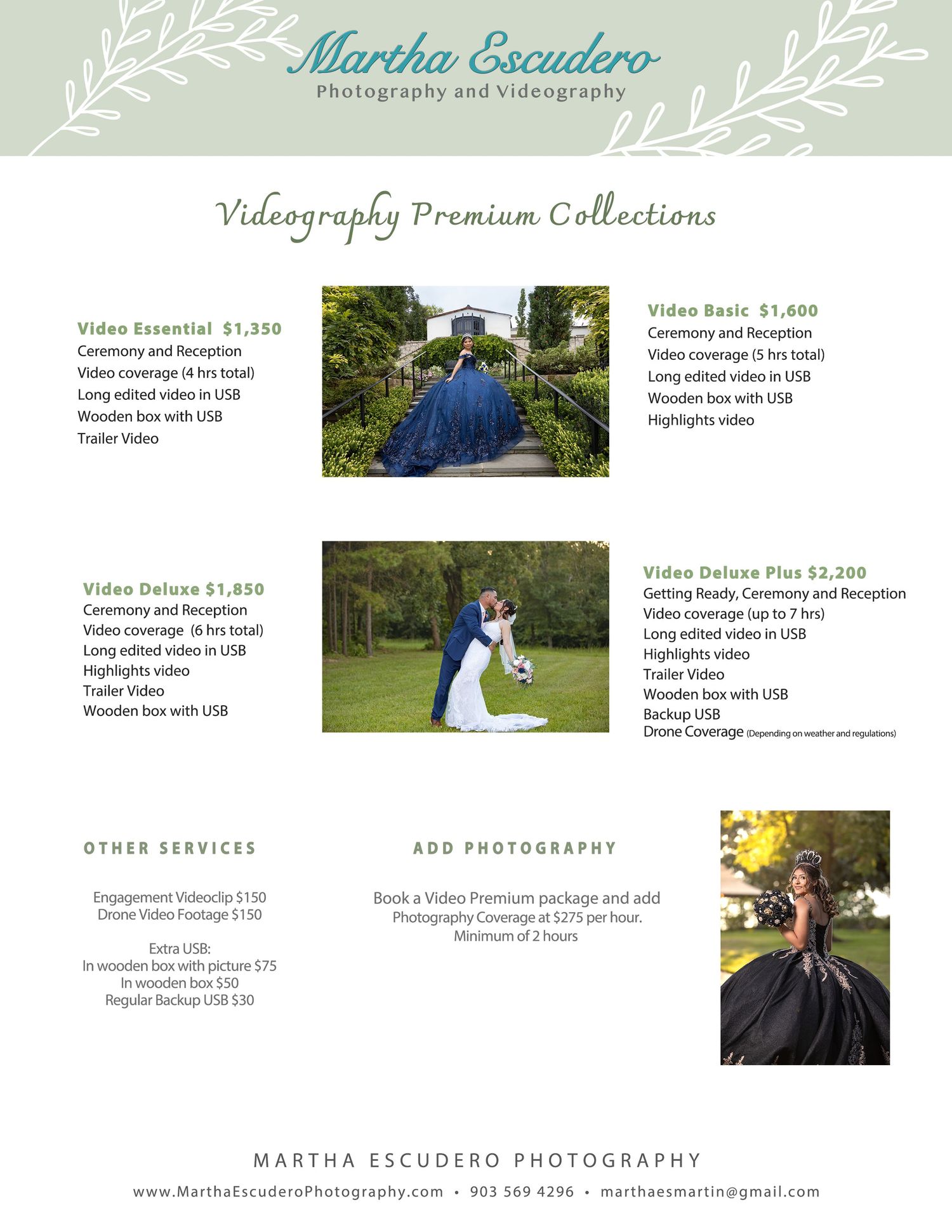 Photography pricing guide displaying quinceanera packages with sample photos and service details.