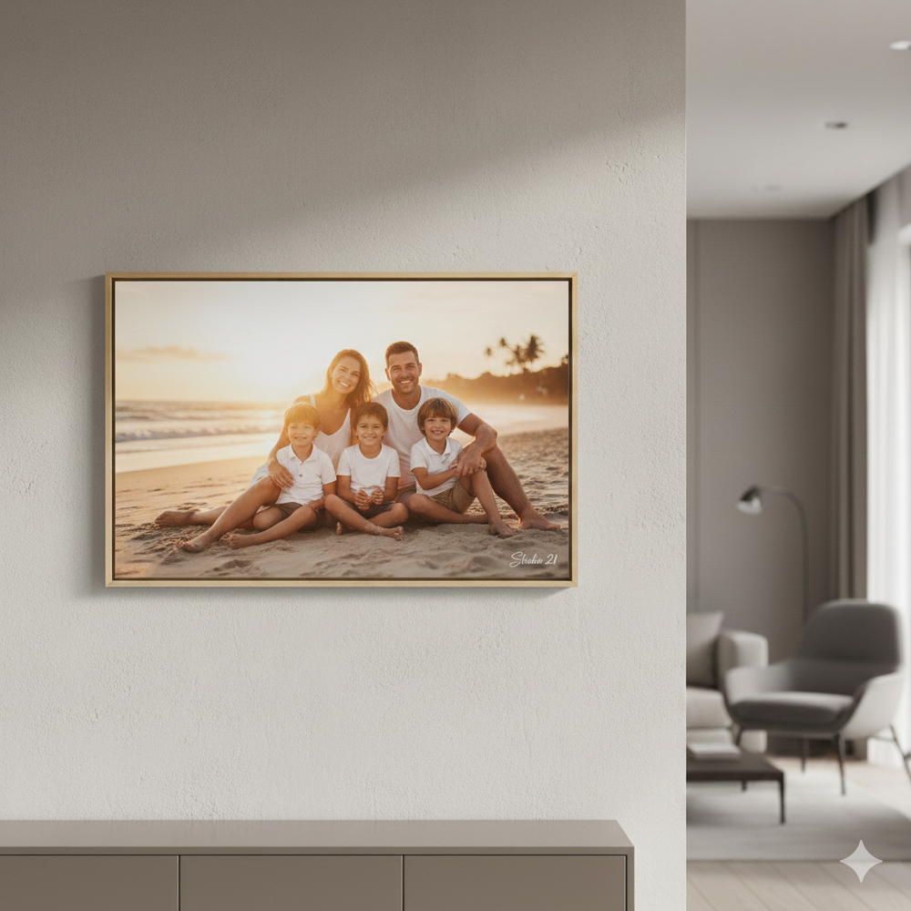 Modern living room interior with gray sofa, white walls, and panoramic beach photography artwork displayed above.