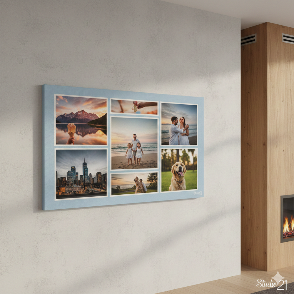 A collection of framed photographs displayed along a white wall in a modern interior space.