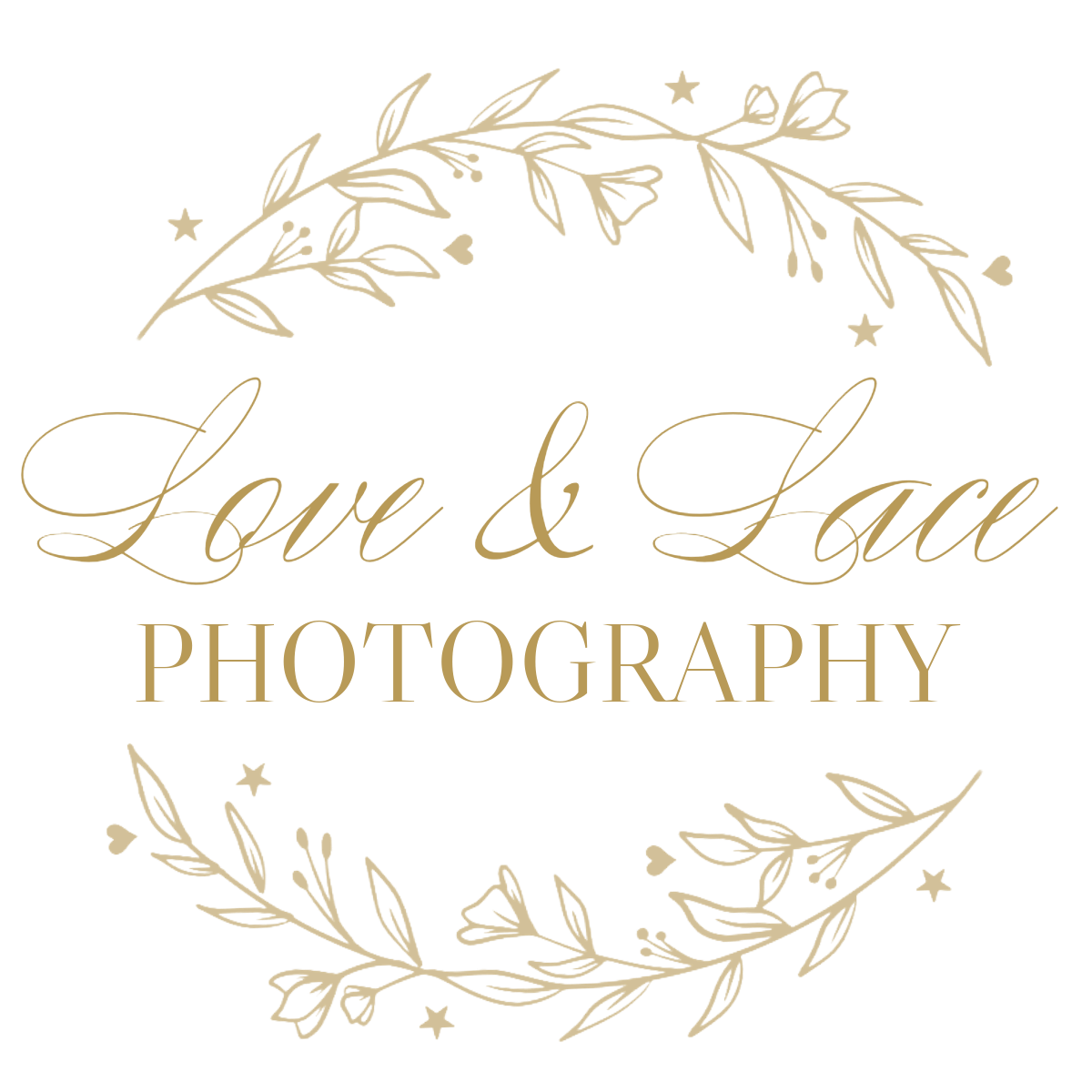 Elegant gold floral logo design for photography business with delicate leaves and text reading 'Love & Love Photography'.