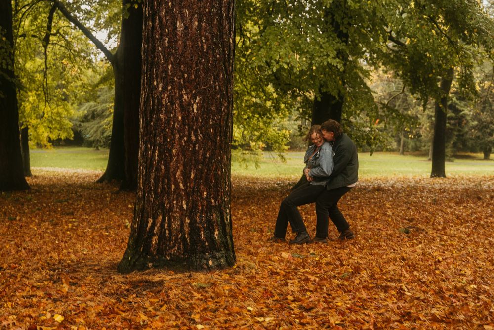 Two figures sit beneath a large tree surrounded by vibrant autumn leaves in a peaceful park setting.
