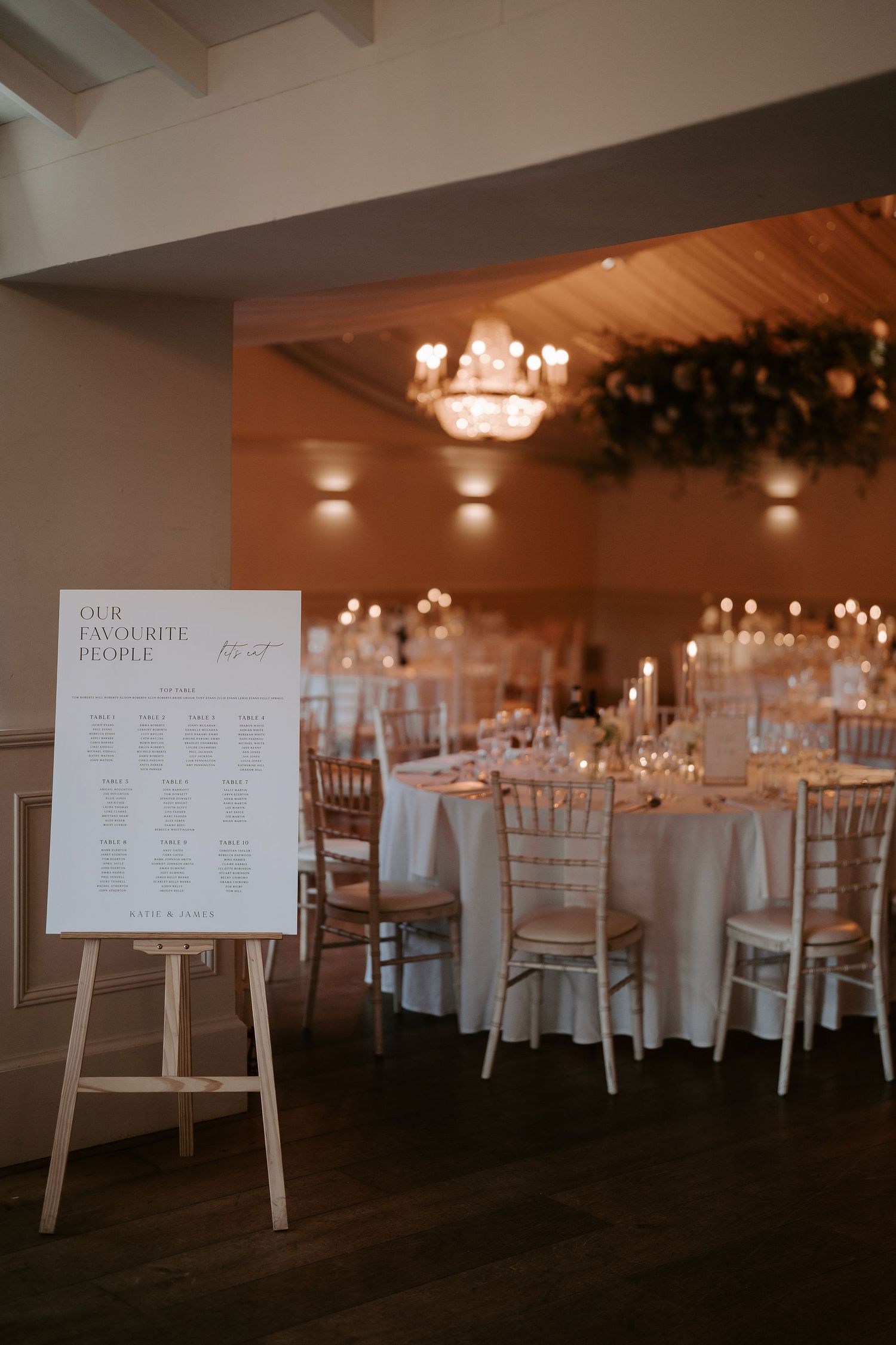table plan at the entrance to the wedding breakfast at Iscoyd park