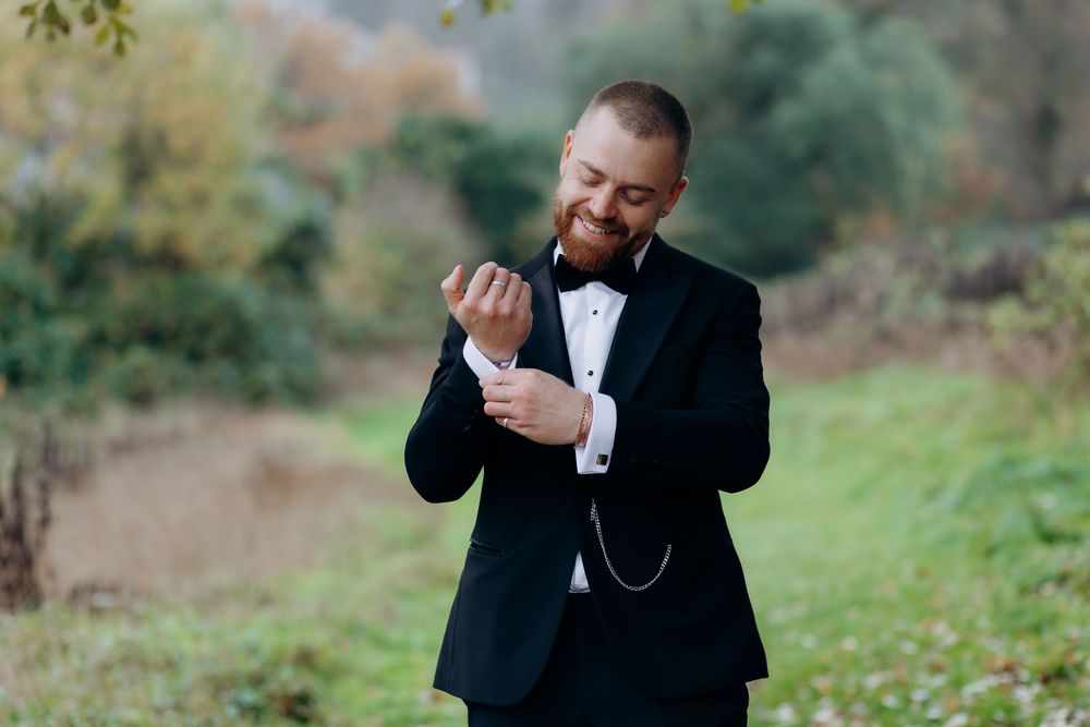 A series of romantic wedding photos showing tender moments between a couple in formal attire outdoors.
